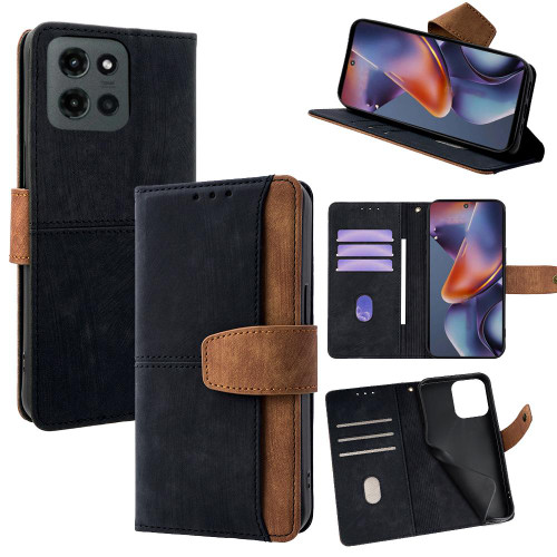 Moto G 2025 Color Stitching Skin Feel Leather RFID Blocking Phone Case - Black